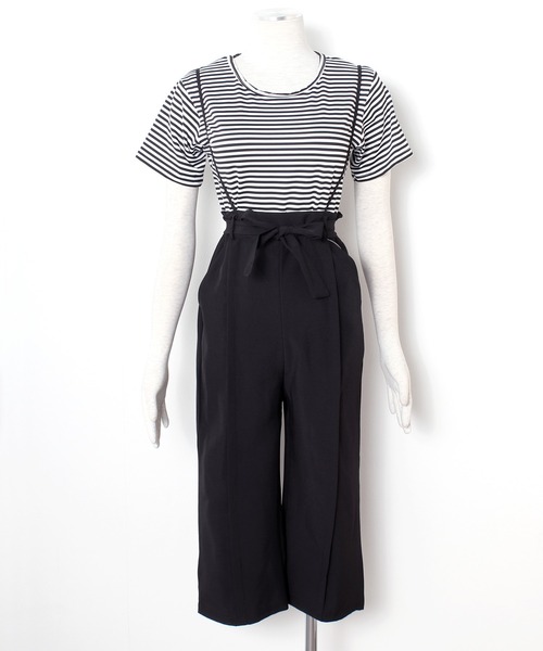 Primazel（プリマゼル）の「ボーダーTシャツ＋サロペットパンツセットアップ（サロペット/オーバーオール・レディース・ブラック/ブラウン・M）」の3枚目の写真