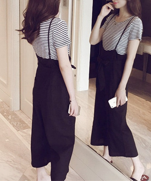 Primazel（プリマゼル）の「ボーダーTシャツ＋サロペットパンツセットアップ（サロペット/オーバーオール・レディース・ブラック/ブラウン・M）」の14枚目の写真