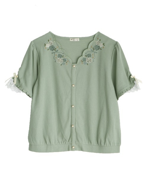 axes femme（アクシーズファム）の「ローズ刺繍カットカーディガン（カーディガン/ボレロ・レディース・グリーン/ホワイト/ネイビー・MEDIUM）」の2枚目の写真