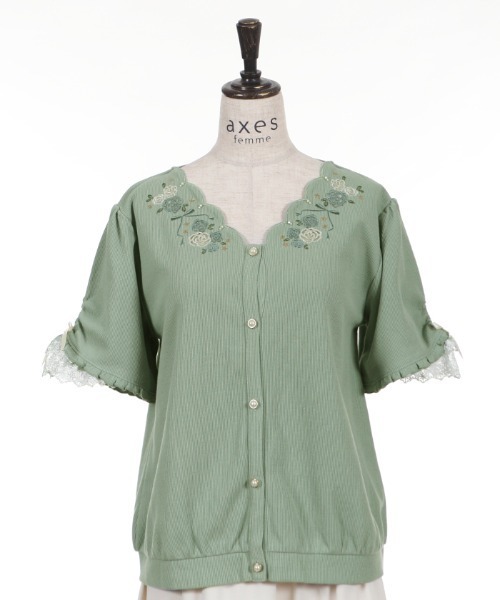 axes femme（アクシーズファム）の「ローズ刺繍カットカーディガン（カーディガン/ボレロ・レディース・グリーン/ホワイト/ネイビー・MEDIUM）」の4枚目の写真