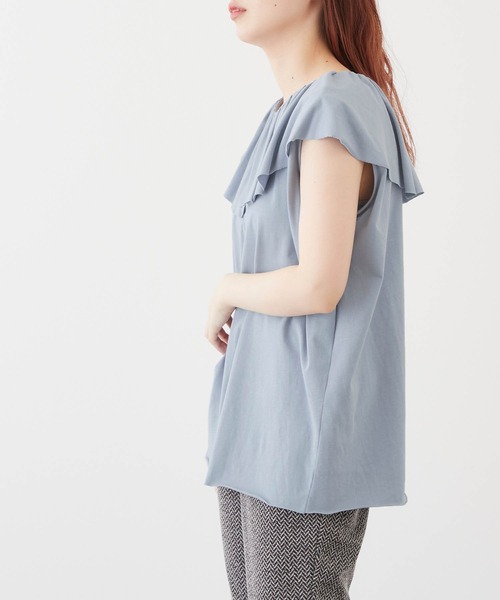 mikke（ミッケ）の「ドレープフリルビックカラーノースリーブカットソー（Tシャツ/カットソー・レディース・オフホワイト/グレイッシュブルー/ダークオレンジ/ブラック・FREE）」の18枚目の写真