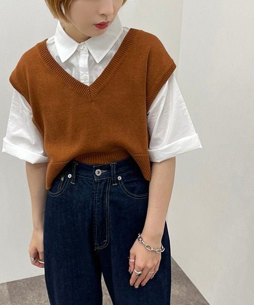 apres jour mignon(アプレジュールミニョン)の「シャツ+ニットベストSET【ZOZOTOWN限定アイテム】(シャツ/ブラウス・レディース・アイボリー/ブルー系その他/ブラック/オレンジ・フリー/X-LARGE)」の4枚目の写真