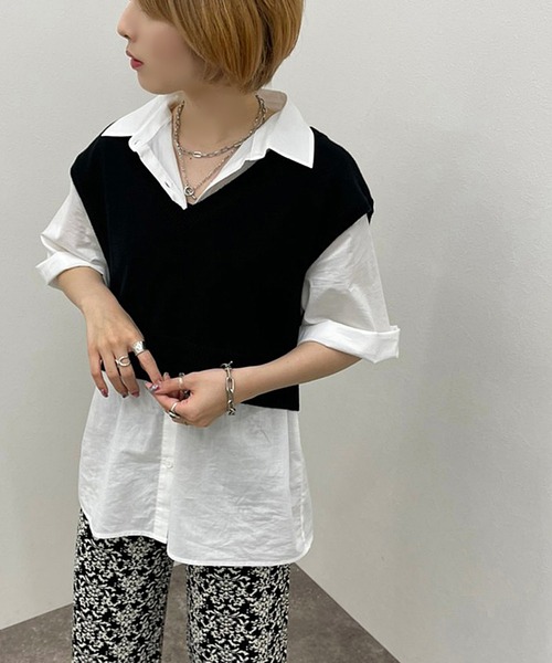 apres jour mignon(アプレジュールミニョン)の「シャツ+ニットベストSET【ZOZOTOWN限定アイテム】(シャツ/ブラウス・レディース・アイボリー/ブルー系その他/ブラック/オレンジ・フリー/X-LARGE)」の2枚目の写真