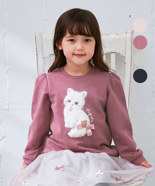 ANY（エニィ）の「ネコアップリケ トレーナー（スウェット・キッズ・ネイビー系/ライラック系/ピンク系/ライトグリーン系・100/110/90/130/120）」の4枚目の写真