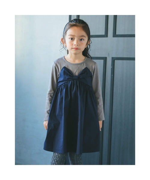 セール Bebe 重ね着風リボンビスチェフレア長袖ワンピース 90 150cm ワンピース Bebe ベベ のファッション通販 Zozotown