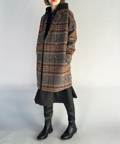 PICCIN（ピッチン）の「ツイードチェックダブルコート（チェスターコート・レディース・ネイビー/ブラウン/グレー・M/L）」の5枚目の写真