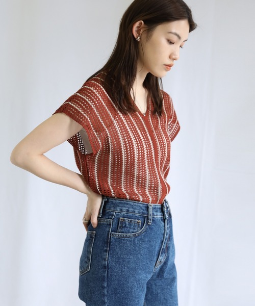 select MOCA（セレクトモカ）の「Vネックメッシュベスト（ベスト・レディース・テラコッタ/グリーン/アイボリー・FREE）」の2枚目の写真