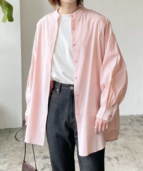 LIAN（リアン）の「ストライプバンドカラーシャツ（シャツ/ブラウス・レディース・ベージュ/ネイビー/オレンジ/ブルー・FREE）」の4枚目の写真