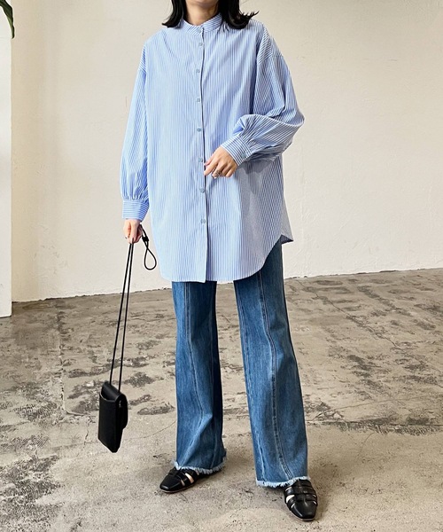 LIAN（リアン）の「ストライプバンドカラーシャツ（シャツ/ブラウス・レディース・ベージュ/ネイビー/オレンジ/ブルー・FREE）」の6枚目の写真