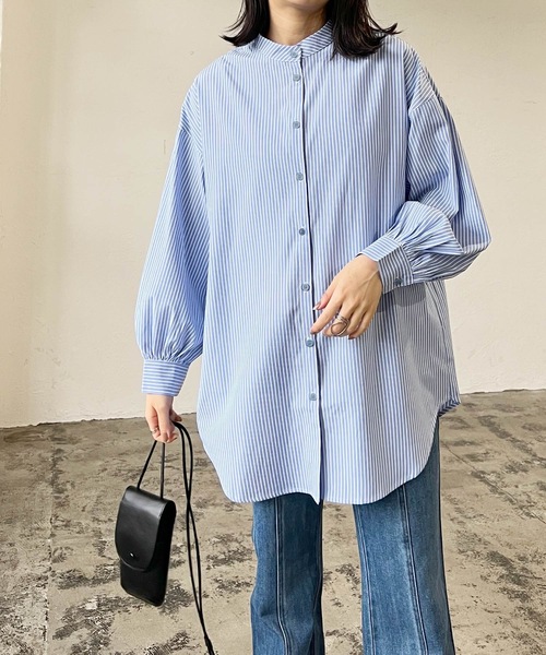 LIAN（リアン）の「ストライプバンドカラーシャツ（シャツ/ブラウス・レディース・ベージュ/ネイビー/オレンジ/ブルー・FREE）」の9枚目の写真