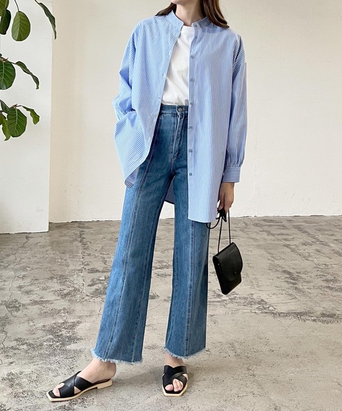 LIAN（リアン）の「ストライプバンドカラーシャツ（シャツ/ブラウス・レディース・ベージュ/ネイビー/オレンジ/ブルー・FREE）」の11枚目の写真