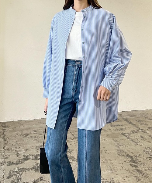 LIAN（リアン）の「ストライプバンドカラーシャツ（シャツ/ブラウス・レディース・ベージュ/ネイビー/オレンジ/ブルー・FREE）」の12枚目の写真