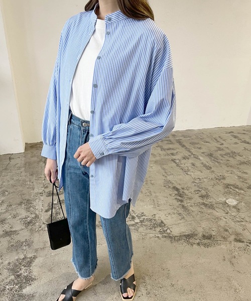 LIAN（リアン）の「ストライプバンドカラーシャツ（シャツ/ブラウス・レディース・ベージュ/ネイビー/オレンジ/ブルー・FREE）」の13枚目の写真