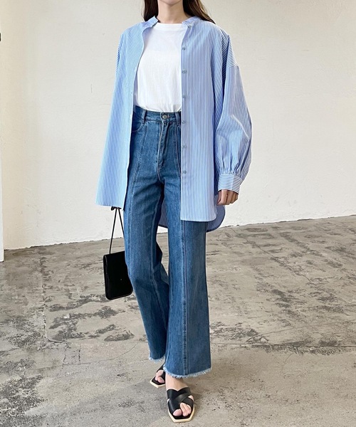 LIAN（リアン）の「ストライプバンドカラーシャツ（シャツ/ブラウス・レディース・ベージュ/ネイビー/オレンジ/ブルー・FREE）」の14枚目の写真