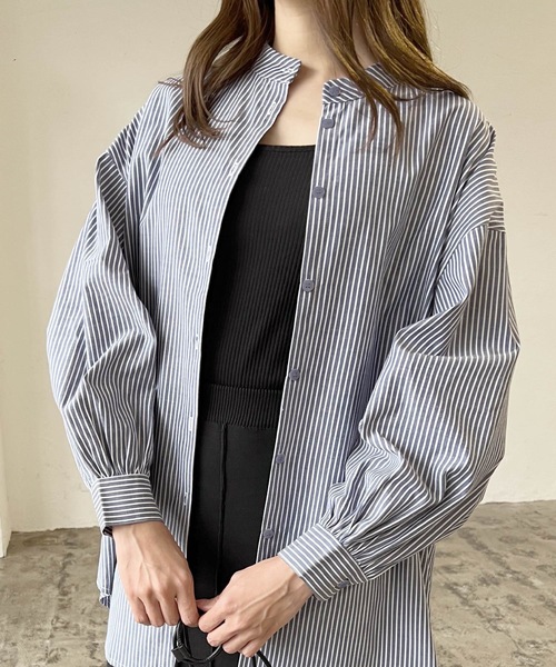 LIAN（リアン）の「ストライプバンドカラーシャツ（シャツ/ブラウス・レディース・ベージュ/ネイビー/オレンジ/ブルー・FREE）」の18枚目の写真