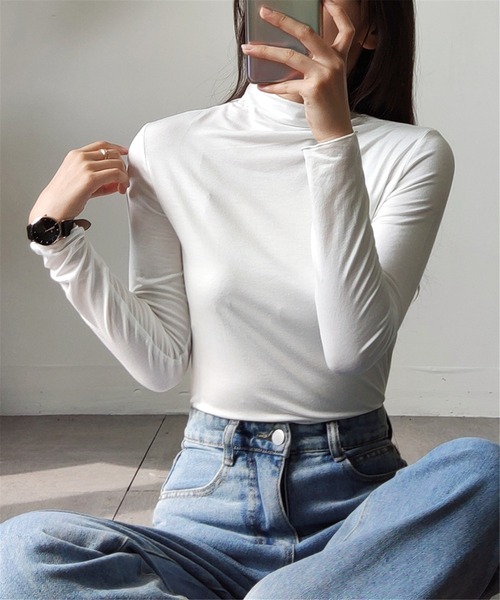 MAISON DE THERESE(メゾン ド テレーズ)の「タートルネック 柔らかいトップス ロン T(Tシャツ/カットソー・レディース・ピンク/グリーン/ホワイト/モカ/ブラック・M/L/XL)」の1枚目の写真