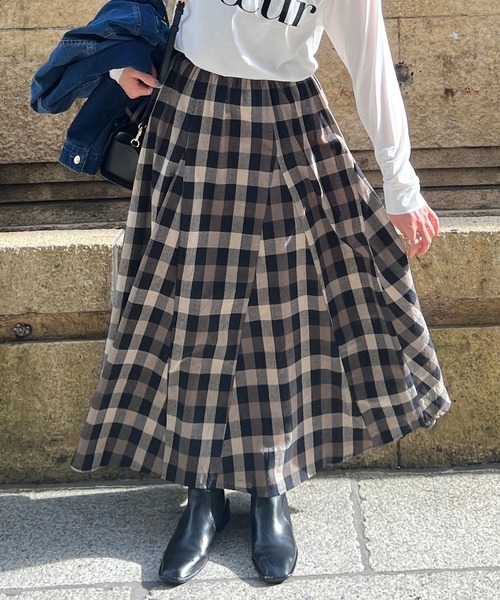 Chez toi（シェトワ）の「大判チェック柄はぎスカート（スカート・レディース・ブラック/ベージュ/オレンジ/ベージュ系その他・FREE）」の9枚目の写真