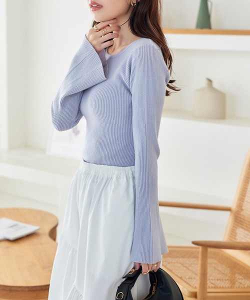 セール】選べる2type フレアスリーブリブ編みニットトップス（ニット