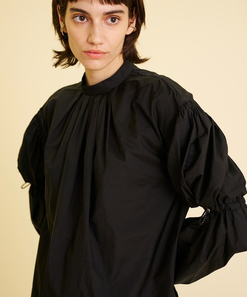 2023 LANVIN en bleu 洗える ドローコードボリュームスリーブブラウス 38 日本製 ランバンオンブルー レディース プルオーバー 定番，人気セール