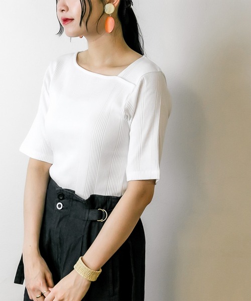 atONE(アットワン)の「atONE アシメネックランダムリブカットソー 半袖(Tシャツ/カットソー・レディース・モカ/ホワイト/ブラック/杢グレー・F)」の8枚目の写真