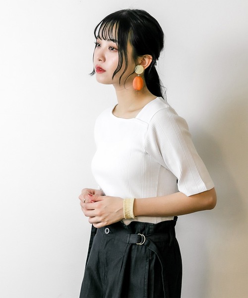 atONE(アットワン)の「atONE アシメネックランダムリブカットソー 半袖(Tシャツ/カットソー・レディース・モカ/ホワイト/ブラック/杢グレー・F)」の5枚目の写真