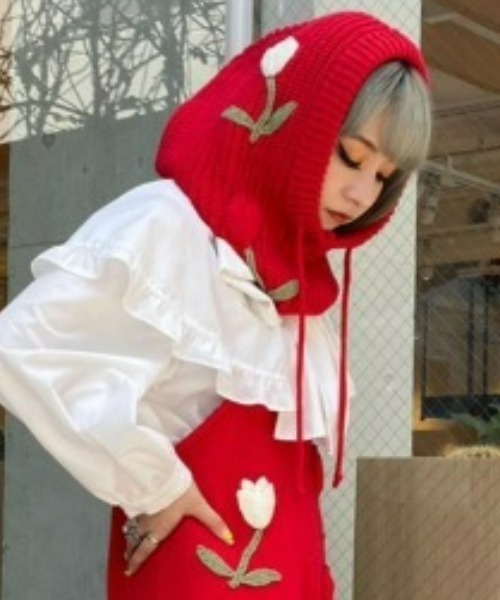Candy Stripper（キャンディストリッパー）の「TULIP LOVER KNIT バラクラバ（ニットキャップ/ビーニー・レディース・ライトブルー/ブラック/レッド・FREE）」の5枚目の写真