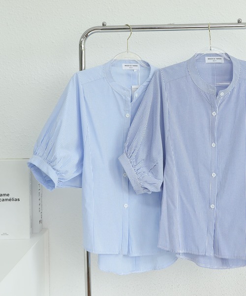 MAISON DE THERESE（メゾン ド テレーズ）の「ストライプのスタンドカラードルマンスリーブシャツ（シャツ/ブラウス・レディース・ブルー/ライトブルー・M/L/XL）」の7枚目の写真