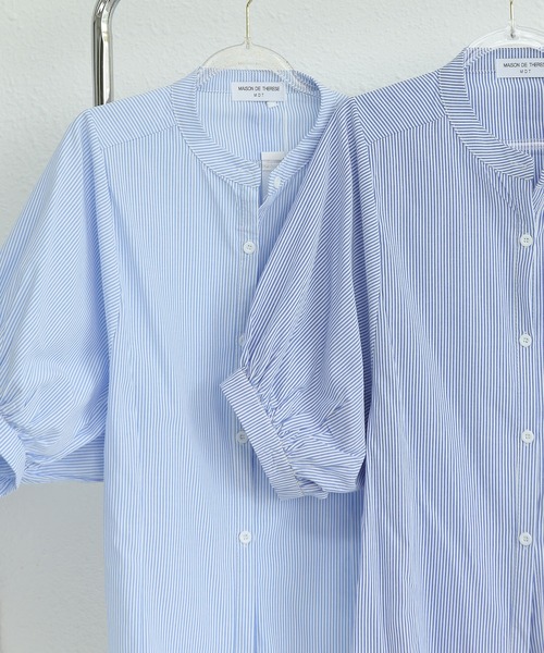 MAISON DE THERESE（メゾン ド テレーズ）の「ストライプのスタンドカラードルマンスリーブシャツ（シャツ/ブラウス・レディース・ブルー/ライトブルー・M/L/XL）」の8枚目の写真