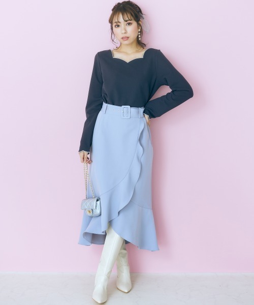 marun（マルン）の「＜大きいサイズ＞　ベルト付きフリルデザインスカート marun（スカート・レディース・ブラウン/サックスブルー・4L/5L/L/3L/LL）」の4枚目の写真