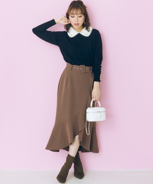 marun（マルン）の「＜大きいサイズ＞　ベルト付きフリルデザインスカート marun（スカート・レディース・ブラウン/サックスブルー・4L/5L/L/3L/LL）」の3枚目の写真