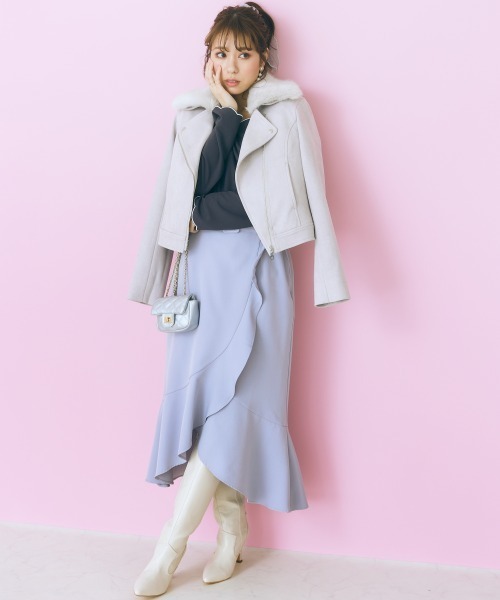 marun（マルン）の「＜大きいサイズ＞　ベルト付きフリルデザインスカート marun（スカート・レディース・ブラウン/サックスブルー・4L/5L/L/3L/LL）」の6枚目の写真