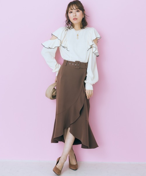 marun（マルン）の「＜大きいサイズ＞　ベルト付きフリルデザインスカート marun（スカート・レディース・ブラウン/サックスブルー・4L/5L/L/3L/LL）」の5枚目の写真