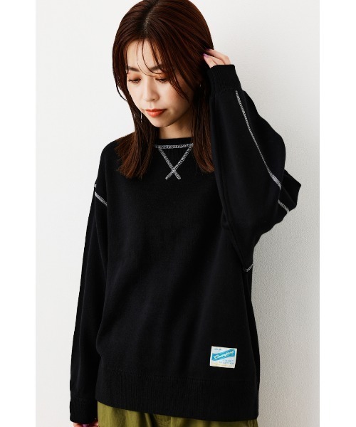 RODEO CROWNS WIDE BOWL（ロデオクラウンズワイドボウル）の「スウェットライクニットステッチトップス（ニット/セーター・レディース・ブルー/ブラック/グレー×ホワイト/オレンジ・FREE）」の2枚目の写真