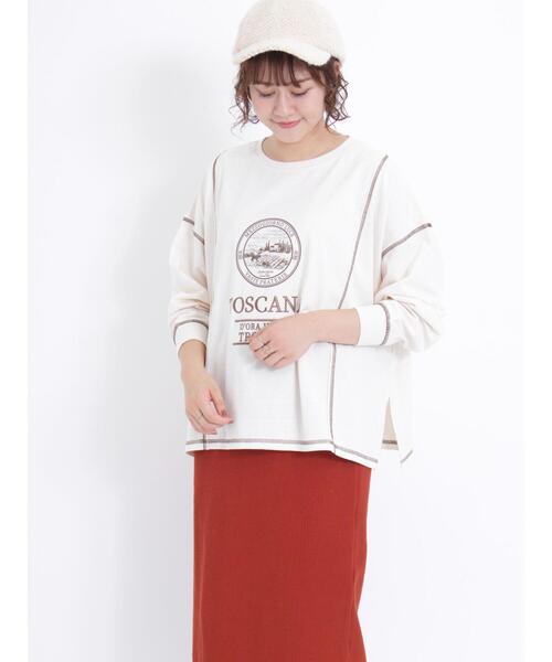 Samansa Mos2（サマンサ モスモス）の「アウトステッチロゴTシャツ（Tシャツ/カットソー・レディース・オフホワイト/チャコールグレー/シルバーグレー・F）」の4枚目の写真