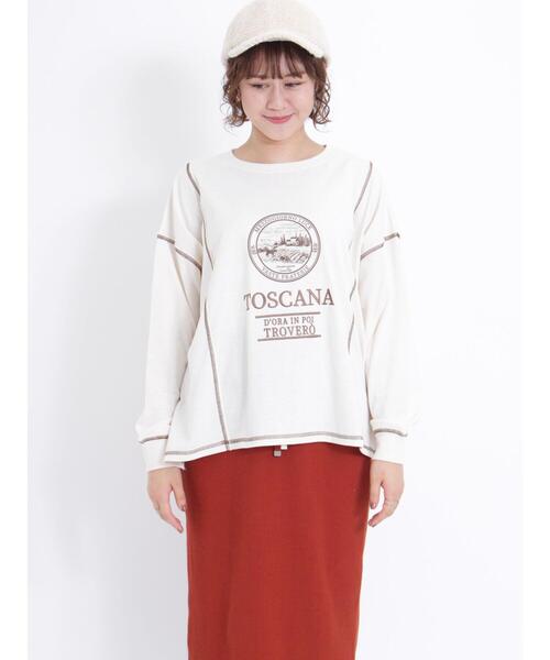 Samansa Mos2（サマンサ モスモス）の「アウトステッチロゴTシャツ（Tシャツ/カットソー・レディース・オフホワイト/チャコールグレー/シルバーグレー・F）」の9枚目の写真