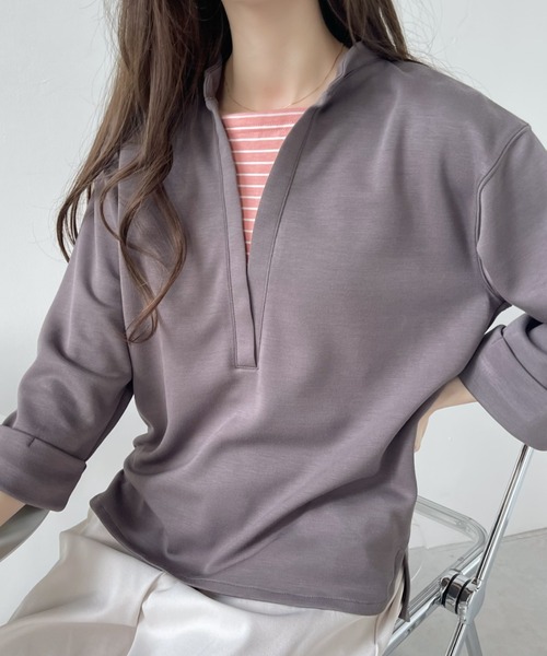 Eclat one(エクラワン)の「<1着で大人コーデ完成♪>ストレッチポンチフェイクレイヤードトップス(Tシャツ/カットソー・レディース・オレンジ/ブラウン/ブラック/オフホワイト・FREE)」の3枚目の写真