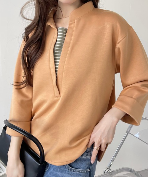 Eclat one(エクラワン)の「<1着で大人コーデ完成♪>ストレッチポンチフェイクレイヤードトップス(Tシャツ/カットソー・レディース・オレンジ/ブラウン/ブラック/オフホワイト・FREE)」の4枚目の写真