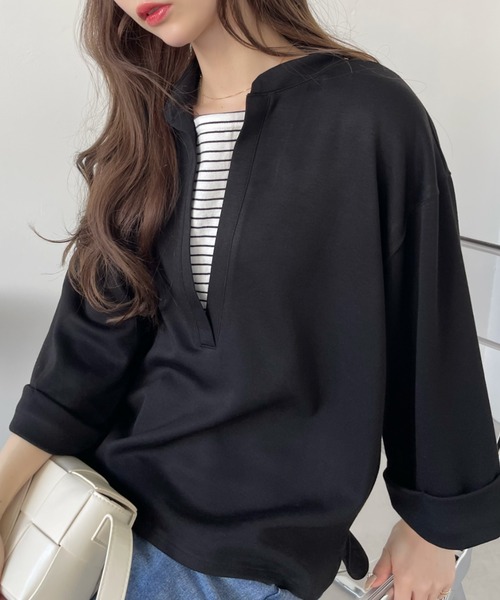 Eclat one(エクラワン)の「<1着で大人コーデ完成♪>ストレッチポンチフェイクレイヤードトップス(Tシャツ/カットソー・レディース・オレンジ/ブラウン/ブラック/オフホワイト・FREE)」の2枚目の写真