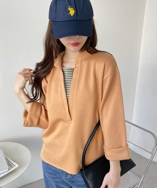 Eclat one(エクラワン)の「<1着で大人コーデ完成♪>ストレッチポンチフェイクレイヤードトップス(Tシャツ/カットソー・レディース・オレンジ/ブラウン/ブラック/オフホワイト・FREE)」の15枚目の写真