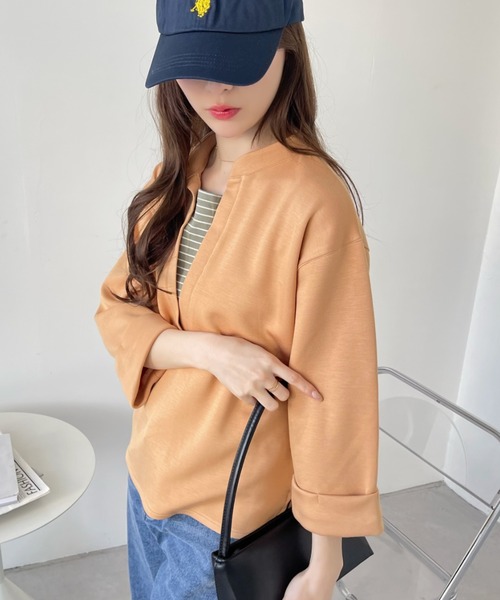 Eclat one(エクラワン)の「<1着で大人コーデ完成♪>ストレッチポンチフェイクレイヤードトップス(Tシャツ/カットソー・レディース・オレンジ/ブラウン/ブラック/オフホワイト・FREE)」の16枚目の写真