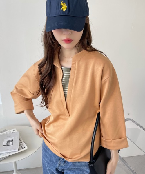 Eclat one(エクラワン)の「<1着で大人コーデ完成♪>ストレッチポンチフェイクレイヤードトップス(Tシャツ/カットソー・レディース・オレンジ/ブラウン/ブラック/オフホワイト・FREE)」の17枚目の写真