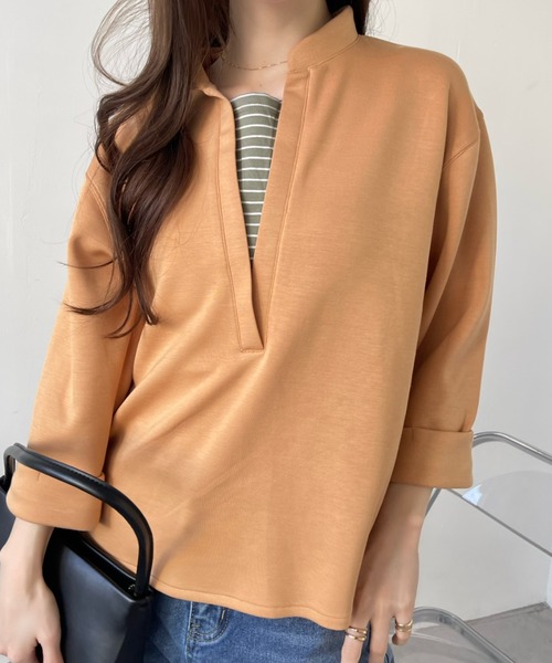 Eclat one(エクラワン)の「<1着で大人コーデ完成♪>ストレッチポンチフェイクレイヤードトップス(Tシャツ/カットソー・レディース・オレンジ/ブラウン/ブラック/オフホワイト・FREE)」の20枚目の写真