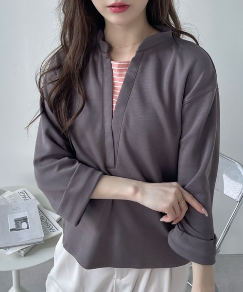 Eclat one(エクラワン)の「<1着で大人コーデ完成♪>ストレッチポンチフェイクレイヤードトップス(Tシャツ/カットソー・レディース・オレンジ/ブラウン/ブラック/オフホワイト・FREE)」の22枚目の写真