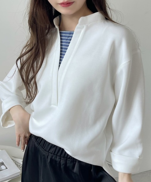 Eclat one(エクラワン)の「<1着で大人コーデ完成♪>ストレッチポンチフェイクレイヤードトップス(Tシャツ/カットソー・レディース・オレンジ/ブラウン/ブラック/オフホワイト・FREE)」の5枚目の写真