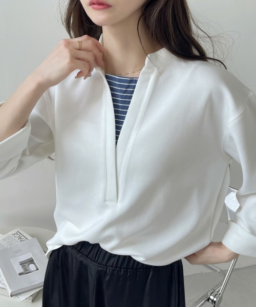 Eclat one(エクラワン)の「<1着で大人コーデ完成♪>ストレッチポンチフェイクレイヤードトップス(Tシャツ/カットソー・レディース・オレンジ/ブラウン/ブラック/オフホワイト・FREE)」の7枚目の写真