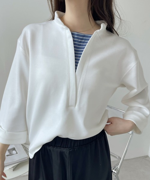 Eclat one(エクラワン)の「<1着で大人コーデ完成♪>ストレッチポンチフェイクレイヤードトップス(Tシャツ/カットソー・レディース・オレンジ/ブラウン/ブラック/オフホワイト・FREE)」の8枚目の写真