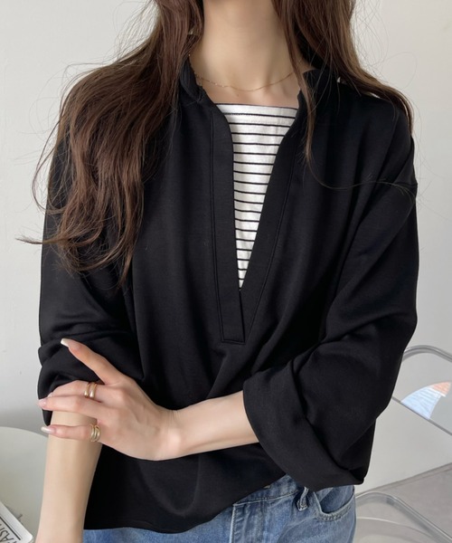 Eclat one(エクラワン)の「<1着で大人コーデ完成♪>ストレッチポンチフェイクレイヤードトップス(Tシャツ/カットソー・レディース・オレンジ/ブラウン/ブラック/オフホワイト・FREE)」の9枚目の写真