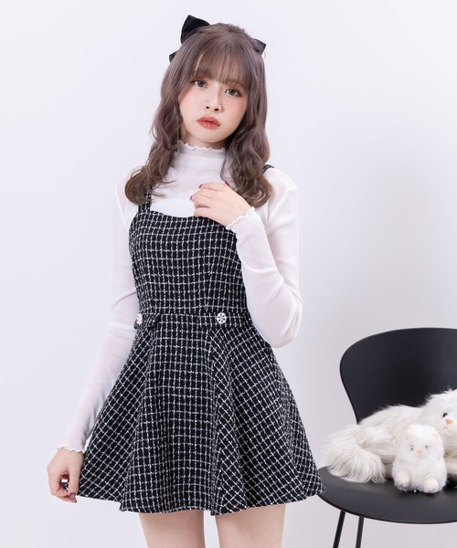 ツイードフレアミニジャンスカ♡2023AW 今季 ビジューボタンツイードミニジャンスカワンピース（スカート
