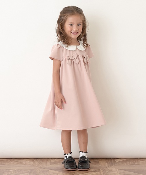 Lycee mine（リセマイン）の「【オケージョン対応】丸衿リボン付きワンピース（シャツワンピース・キッズ・ピンク/ベージュ/ミント/ネイビー/チャコール・100cm/130cm/110cm/120cm）」の5枚目の写真