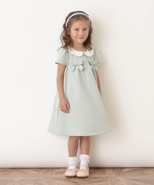 Lycee mine（リセマイン）の「【オケージョン対応】丸衿リボン付きワンピース（シャツワンピース・キッズ・ピンク/ベージュ/ミント/ネイビー/チャコール・100cm/130cm/110cm/120cm）」の3枚目の写真